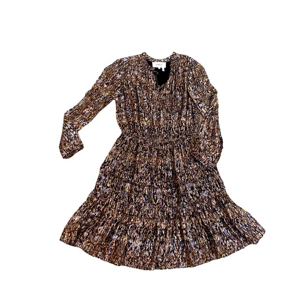 Ba&sh glen mini dress tiered skirt silk blend metallic long sleeve leaf print xs - Picture 6 of 15